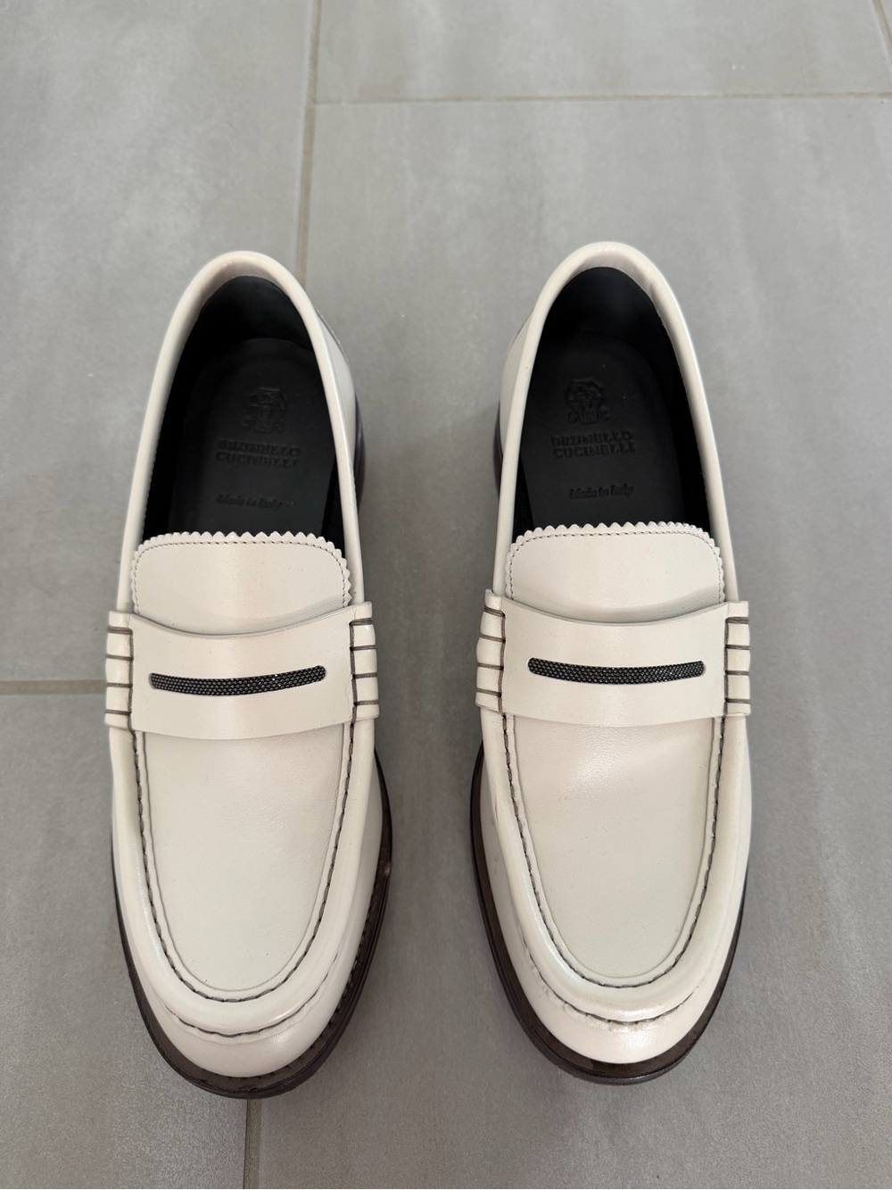 Brunello Cucinelli Cream Leather Penny Loafers